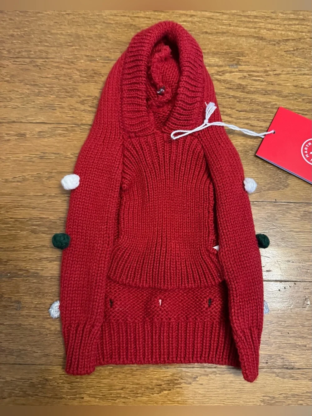 Martha Stewart Red, Green, White, & Silver Pom Pom Hoodie Puppy/Dog Sweater, XS